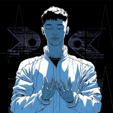 Inter-Lingual Escape Game: "CAN YOU HELP THE ANDROID?" Image of the game. Illustration of a person with eyes closed and hands raised in front of the chest.