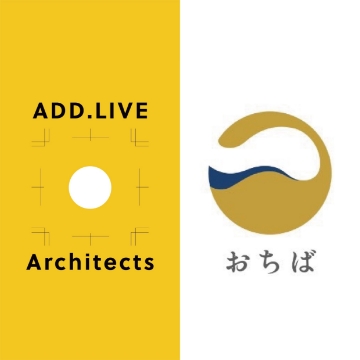 ADD.LIVE Architects plus Rakugo Space Ochiba. Logo mark of fallen leaves. A white and blue cloud-like shape flows into an ochre circle.